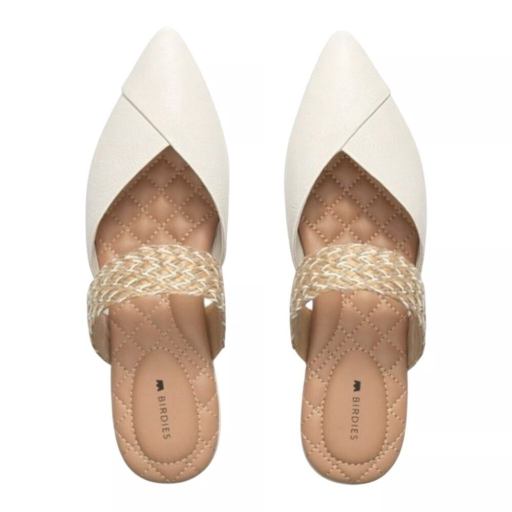 Birdies The Swan Pearl Cuff Size 10.5 White Leather Pointed Toe Mules Flats - Picture 1 of 13